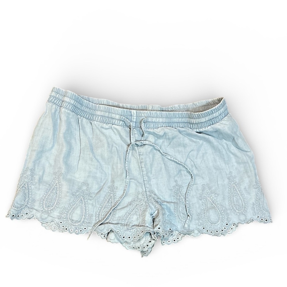 GAP Light Blue Embroidered Chambray Jean Shorts Elastic Waist Size Large